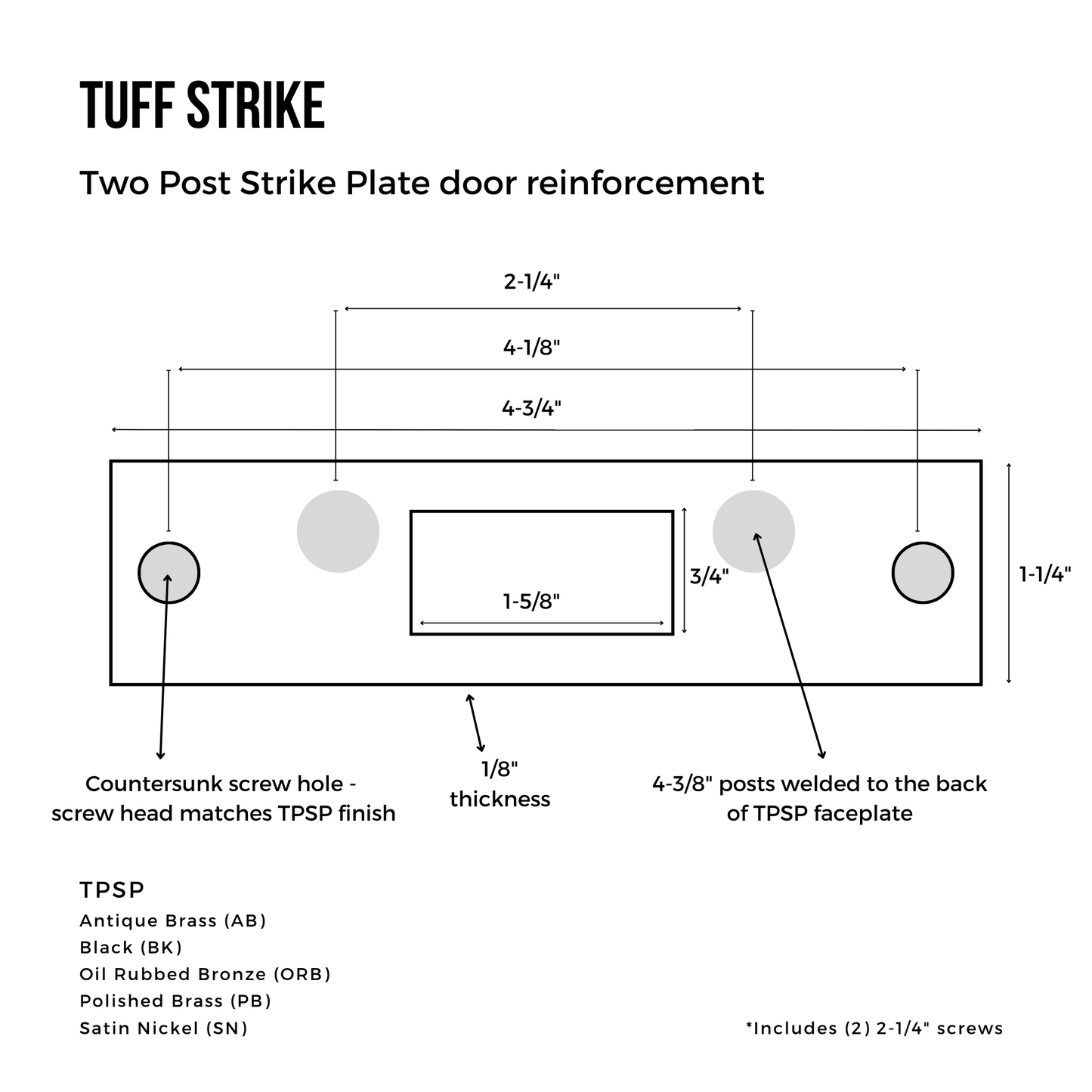 Diagram showing the two-post strike plate with screws extending deep into the door frame.
