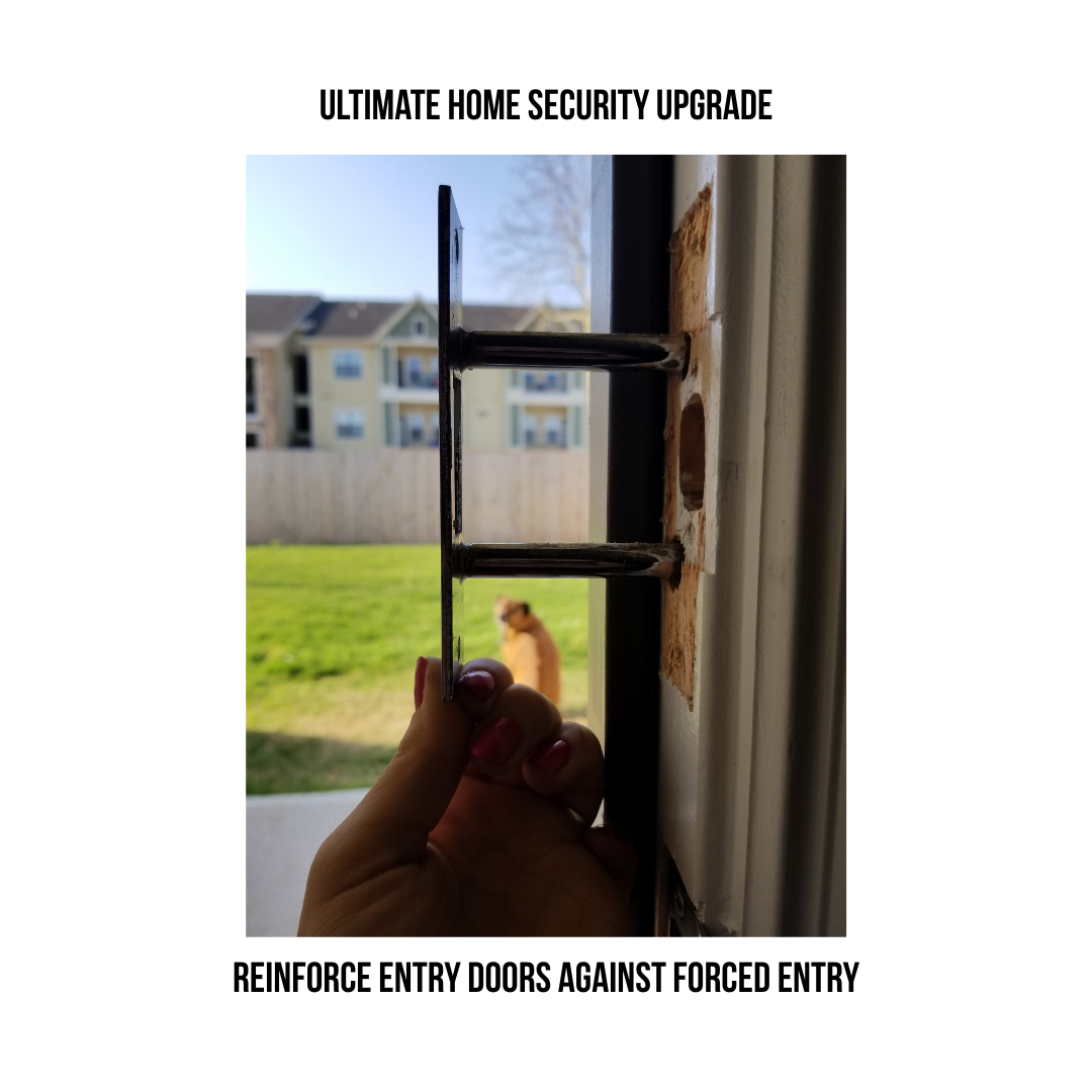 A completed installation of the Tuff Strike satin nickel strike plate, showing a reinforced door jamb.