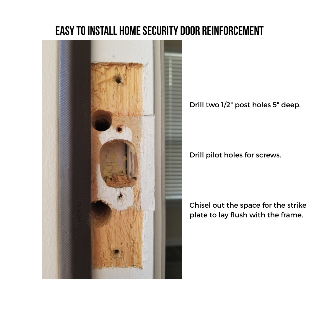 Installing the longer, heavy-duty screws of the two-post strike plate into the door jamb.