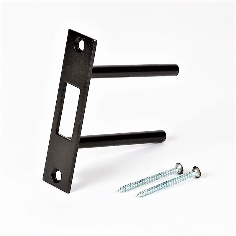 Two-post strike plate by Tuff Strike in oil rubbed bronze finish, front view on a white background.