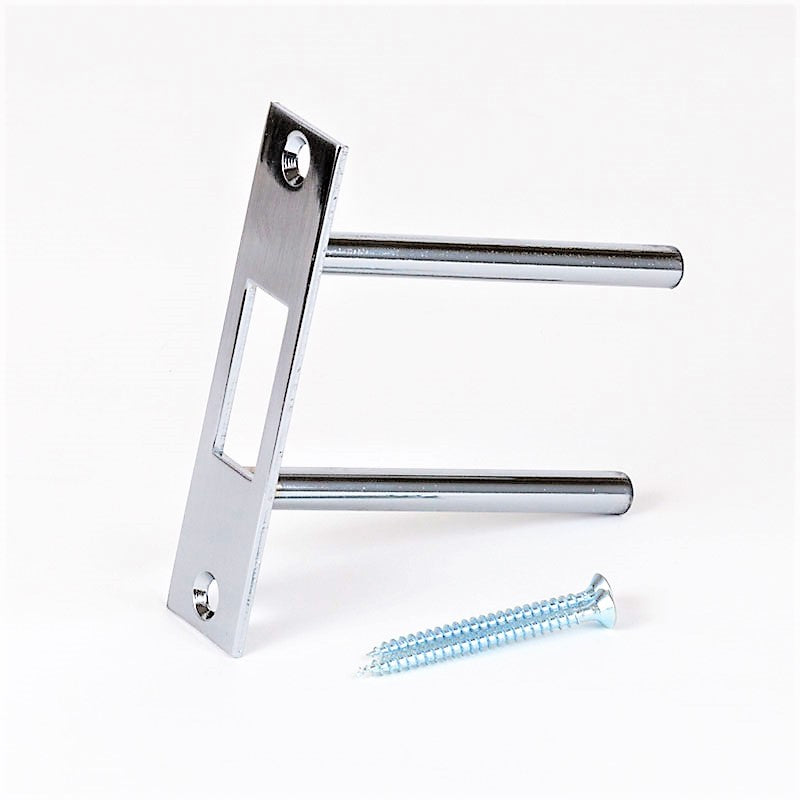 Two-post strike plate by Tuff Strike in satin nickel finish, front view on a white background.